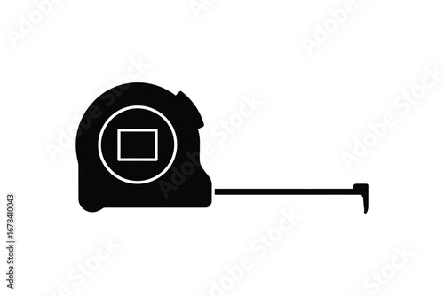 Black silhouette of a retractable tape measure with the tape extended