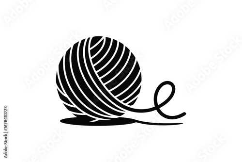 Simple black and white illustration of a ball of yarn with a loose thread