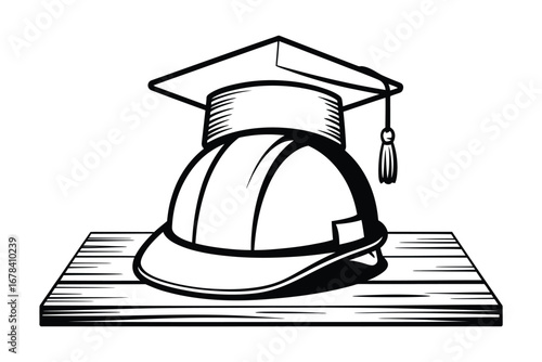 Hard hat with graduation cap symbolizing construction education and career advancement
