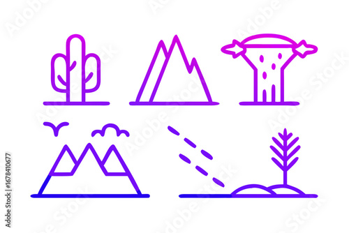 Vector art of desert landscape icons in linear style