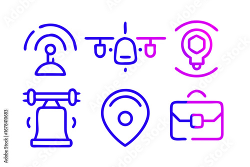 Vector art of drone and technology icons with briefcase, antenna, bulb and location