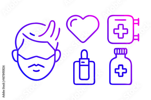 Vector art of medical icon set with mask, heart, pharmacy, and medicine