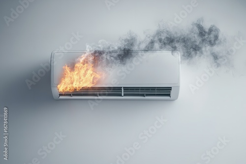 Modern air conditioner unit engulfed in flames and smoke signaling a critical system failure and urgent repair need, Generative AI.