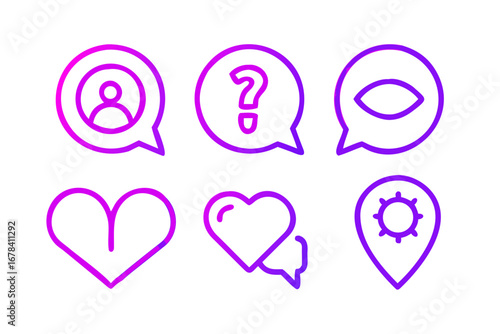 Vector art of social media icon set with user, question, eye, heart, and location