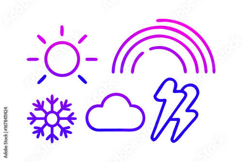 Vector art of weather icons depicting sun, rainbow, snowflake, cloud, and lightning isolated