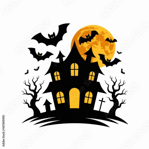 Haunted house silhouette icon with bats and moon, spooky Halloween vector.