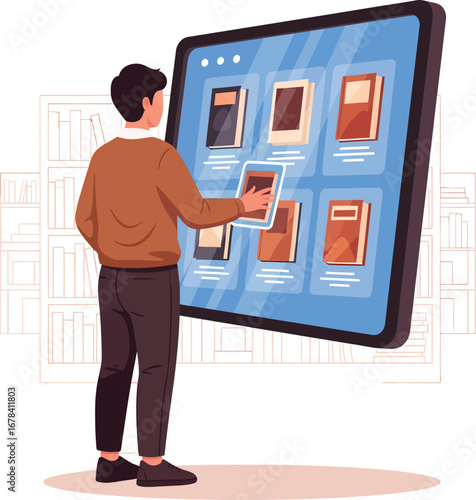 Man Interacting with Digital Library Display on Tablet.