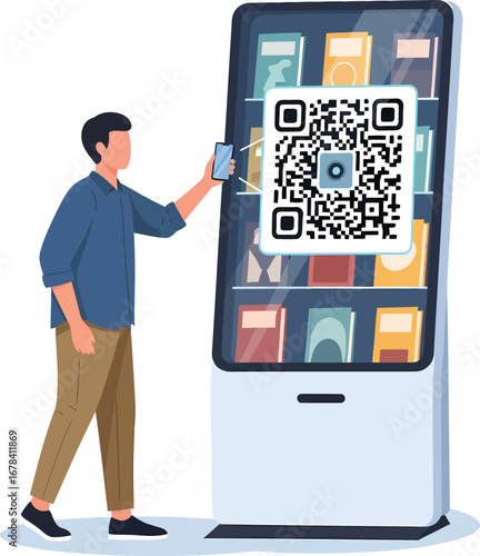 Man scanning QR code on digital kiosk with books.