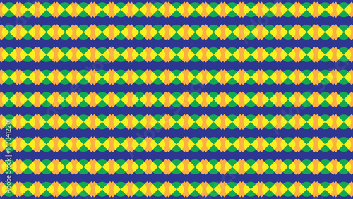 Retro yellow orange green geometric pattern of squares and stripes on blue background for a decorative textile or wallpaper design.