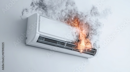 Burning air conditioner unit on wall spewing smoke and flames highlighting appliance malfunction danger, Generative AI.