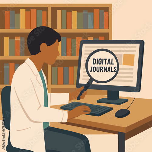 Person in Lab Coat Researching Digital Journals on Computer.
