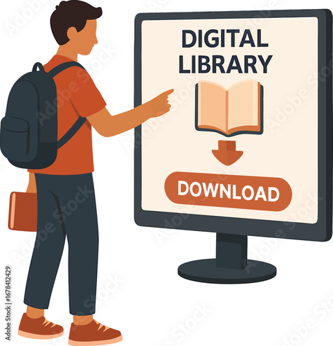 Person pointing at digital library download screen with book icon.