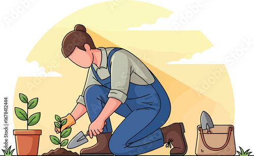 Person planting a seedling in a pot with gardening tools.