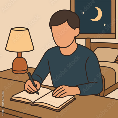 Person writing in a notebook at a desk at night.