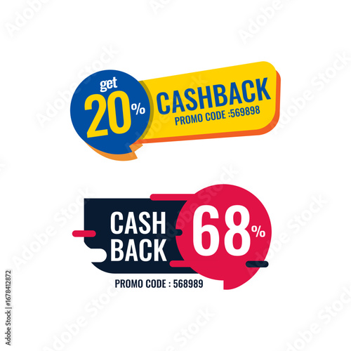 Colorful promotional cashback badges displaying 20% and 68% cashback offers with unique promo codes. Perfect for use in marketing campaigns, online shopping promotions, and discount advertisements.