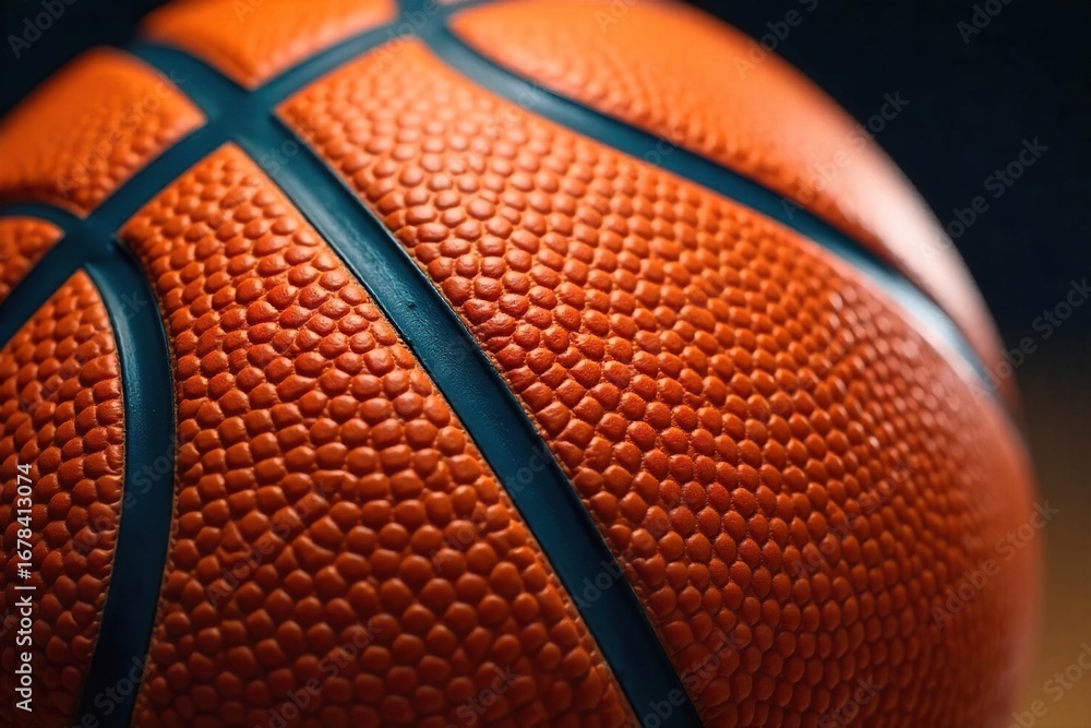 Obraz premium Close-up of a basketball, worn leather texture, perfectly positioned for a game, classic orange color, ready for action, shows details of stitching and surface wear , texture, surface