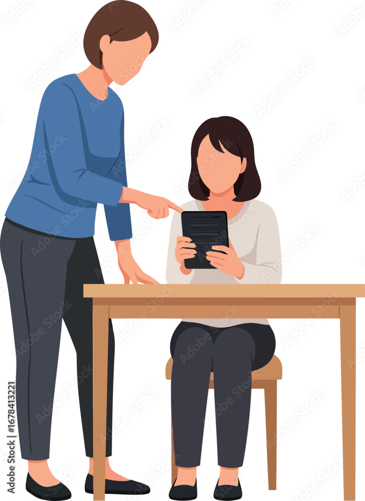 Obraz premium Two women interacting at a desk with a tablet.