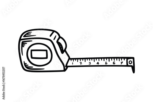 Hand drawn illustration of a retractable tape measure tool for measuring length