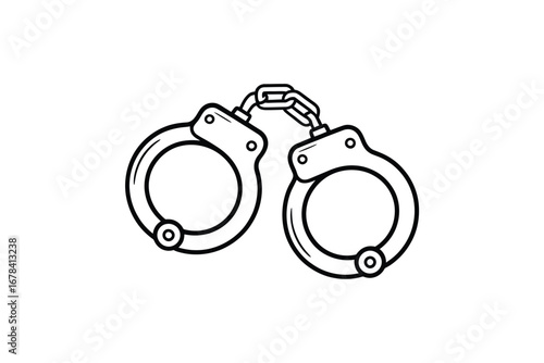 Simple line drawing illustration of metal handcuffs connected by a chain