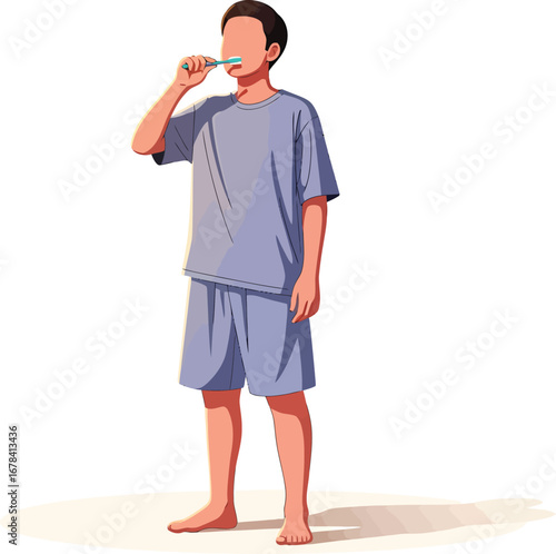Young boy brushing teeth with a blue toothbrush and toothpaste.