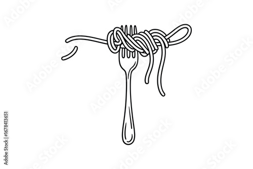 Simple line drawing of spaghetti twirled on a fork against a white background