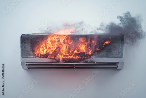 Urgent air conditioner fire hazard erupting with intense flames and thick black smoke demanding immediate attention for safety, Generative AI.