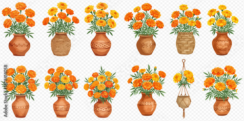 A collection of watercolor illustrations featuring vibrant orange and yellow marigold bouquets in rustic clay pots and vases.