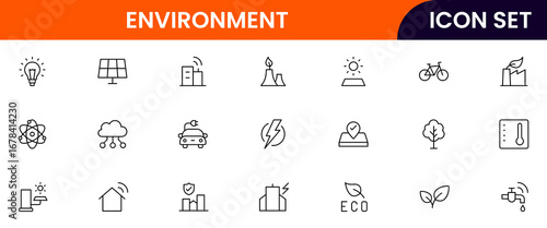 Environment vector line icons featuring trees, recycling, renewable energy, wildlife, water conservation, sustainability, ecosystems, pollution control, and green initiatives.