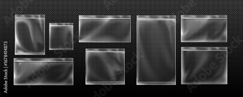 Zip lock bag set with transparent plastic pouches and seal strips for storage. Various sizes of resealable containers for food or small items. Empty packaging mockups with airtight closure system.