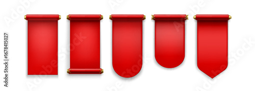 Chinese scroll paper set with red banners and decorative handles for royal announcements. Traditional blank parchments with rectangular, rounded and pointed edges. Ceremony templates for messages