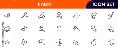 Farming vector line icons featuring tractors, crops, barns, irrigation, tools, livestock, planting, harvesting, agriculture equipment, and rural landscape elements.