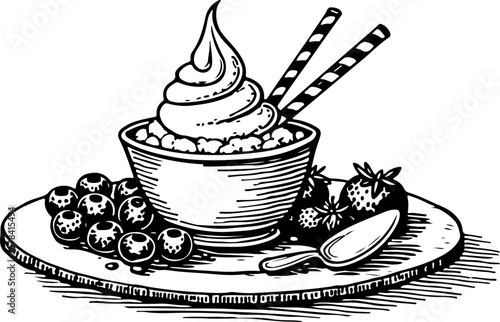 ice cream with strawberry, coffee, cup, dessert, food, cake, chocolate, tea, drink, sweet, plate, breakfast, cafe, mug, white, delicious, fruit, cream, espresso, gourmet, hot, strawberry, beverage, ca