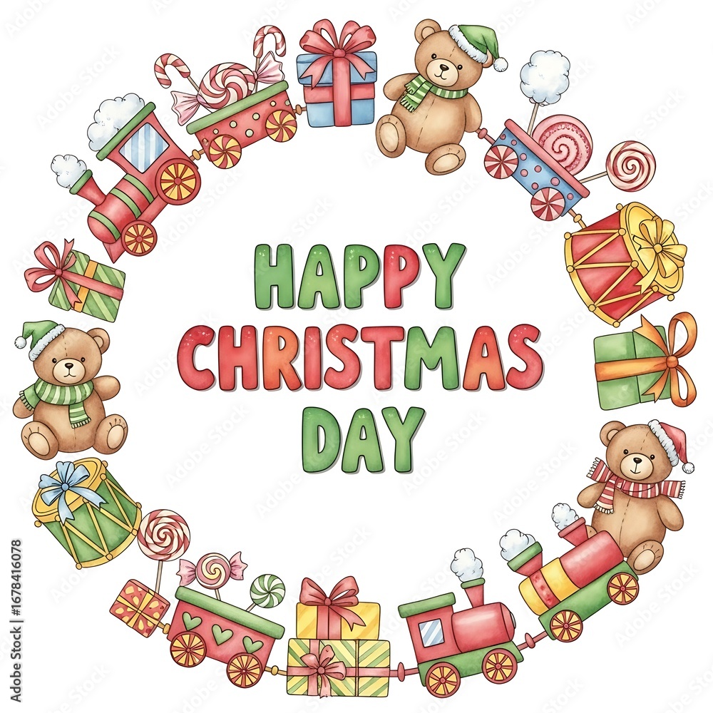 Obraz premium Whimsical christmas wreath with teddy bears trains and gifts wishing happy christmas day