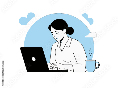 Vector art of woman working on laptop and drinking coffee