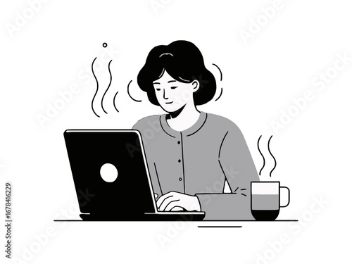 Vector art of woman working on laptop and drinking coffee