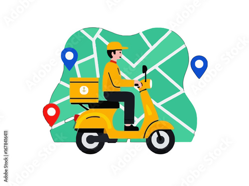 Vector art of delivery man riding scooter with box