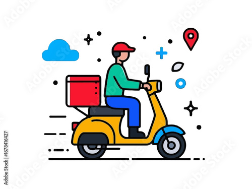 Vector art of delivery man riding scooter with box