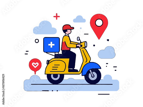 Vector art of delivery man riding scooter with box