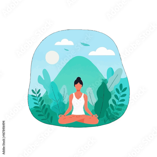 Vector art of woman in lotus position meditating in nature