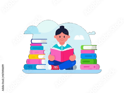 Vector art of girl reading a book sitting between stacks of books