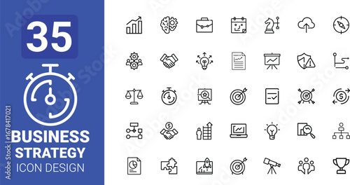 Business Strategy Line Icons Set – 35 Outline Symbols for Planning, Marketing, Analytics, Startup and Management