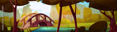 Forest fantasy landscape with stone arch bridge over blue river and foliage for game backgrounds. Sunlit magical scene with cartoon nature elements in vibrant colors for adventure setting.