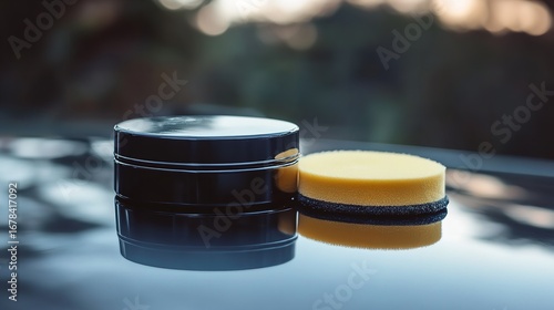 Achieve a stunning showroom shine with premium car wax and applicator pad for ultimate vehicle detailing results, Generative AI.