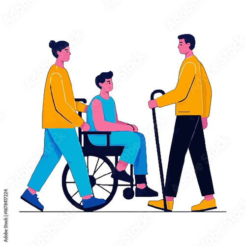 Vector art of medical staff assisting a disabled person in wheelchair