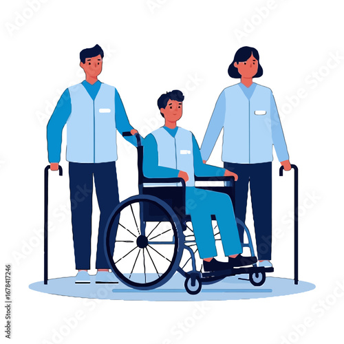 Vector art of medical staff assisting a disabled person in wheelchair