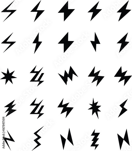 Lightning bolt icon. Flash symbol, thunderbolt, blitz lightnings strike sign. Electric energy black silhouettes, power concept