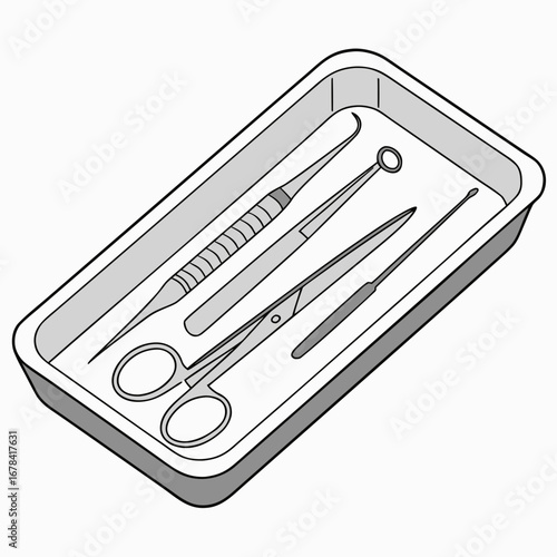 A set of medical instruments including scissors and probes neatly arranged in a sterile tray for surgical procedures