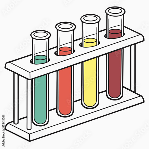 Four colorful liquid filled laboratory test tubes arranged in a white rack on a white background