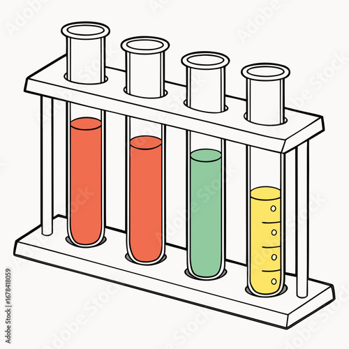 Four colorful liquids in test tubes held in a laboratory rack representing scientific experimentation