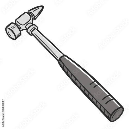 Illustration of a ball peen hammer with a gray handle and silver metal head on a white background